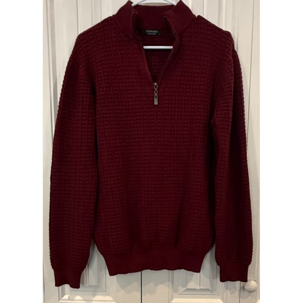COOFANDY Mens Burgundy Quarter Zip Sweater Textured Knit Mock Neck Pullover
